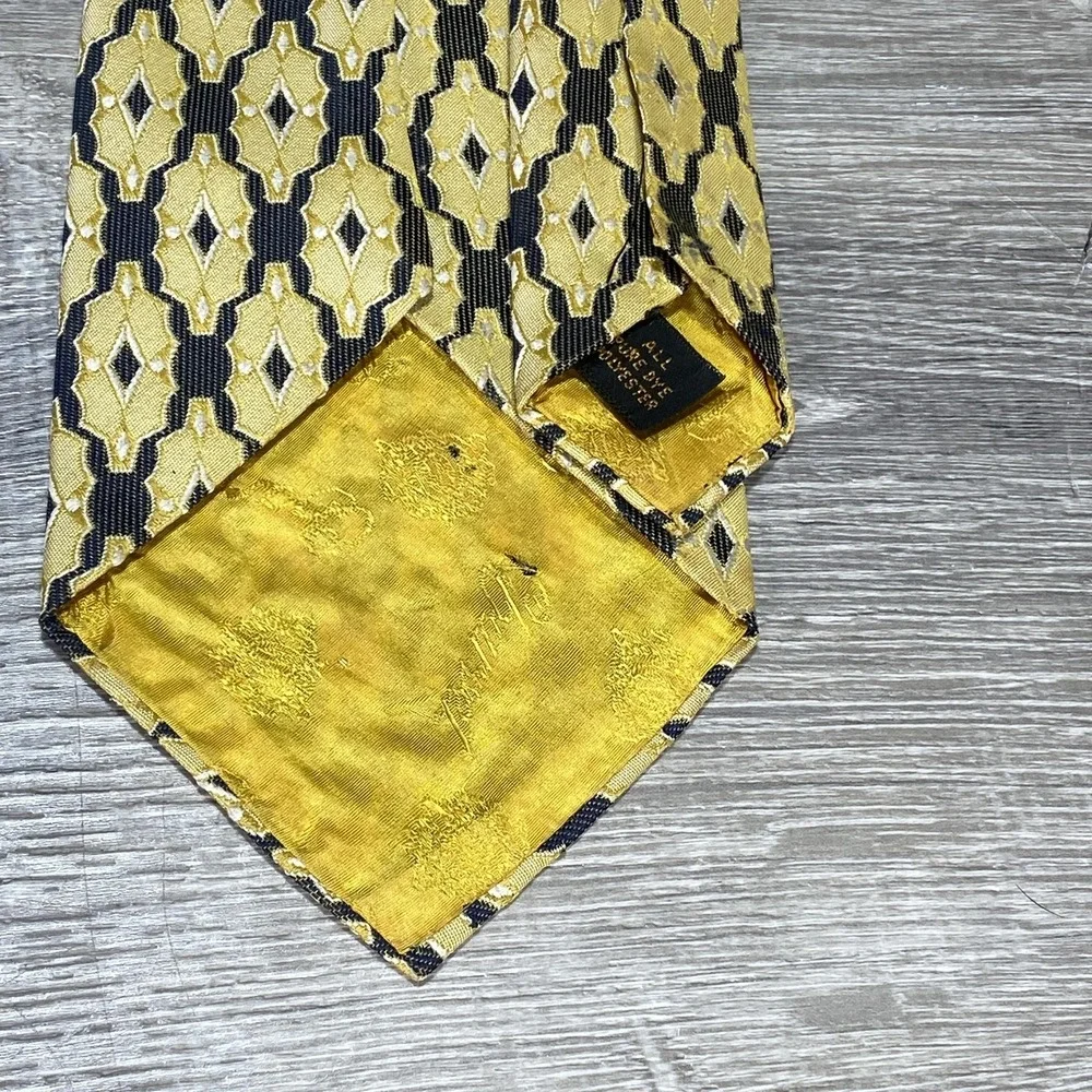 VINTAGE Charvet Tie Mens Gold Black‎ Geometric Diamond Jacquard Polyester 90s
